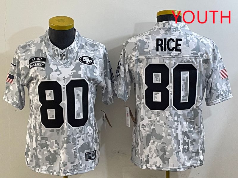 Youth San Francisco 49ers #80 Rice Nike Arctic Camo 2025 Salute to Service Limited NFL Jersey style 1